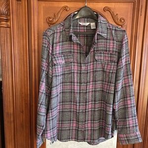 Pink and Grey Windowpane L/S Flannel Button Down Blouse, Keren Hart, Women's L